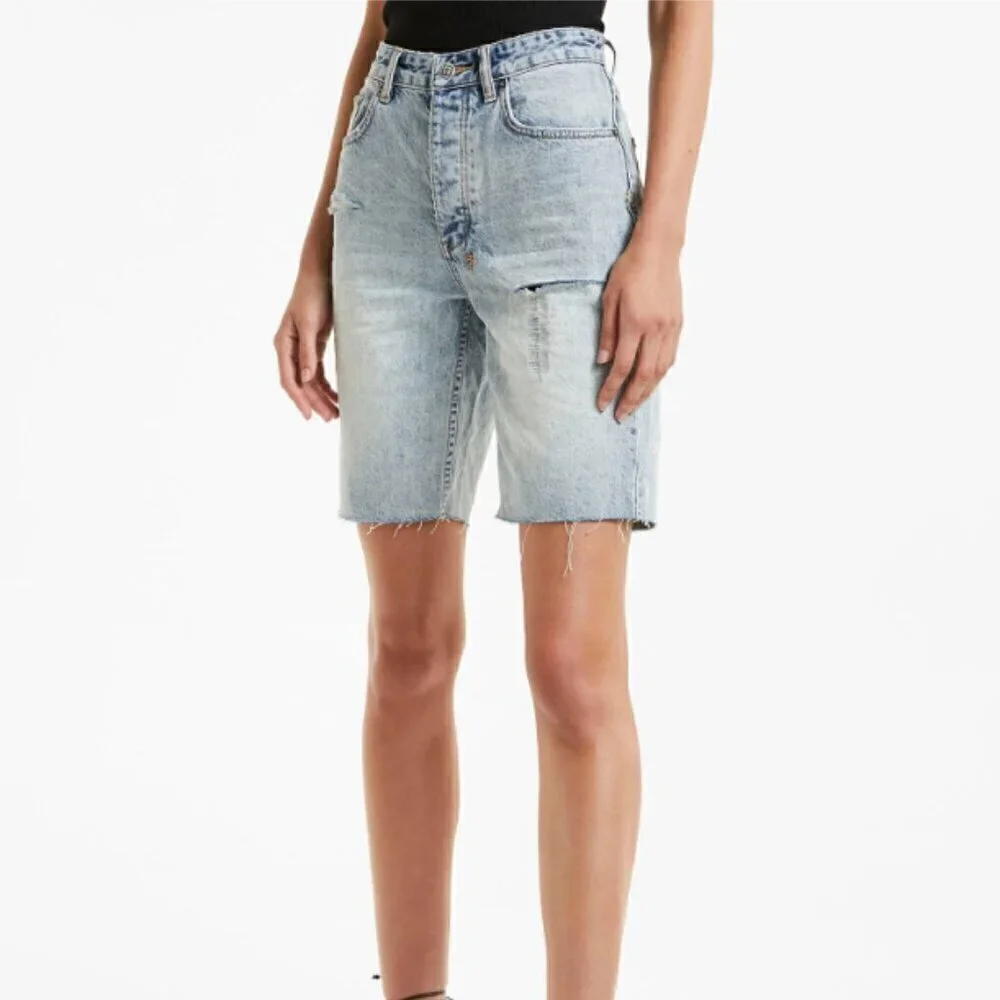12 NWT Ksubi Brooklyn Ripped Denim Relaxed Bermuda Short in Denim Blue